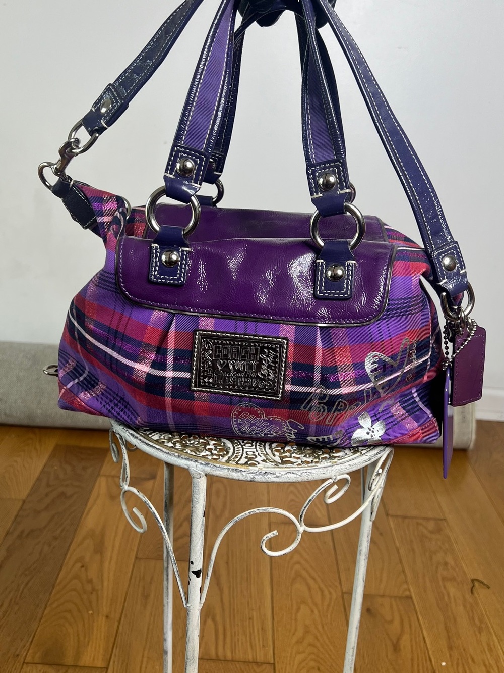 Coach Purple Plaid Satchel with Pink Accents - Picture 5 of 10